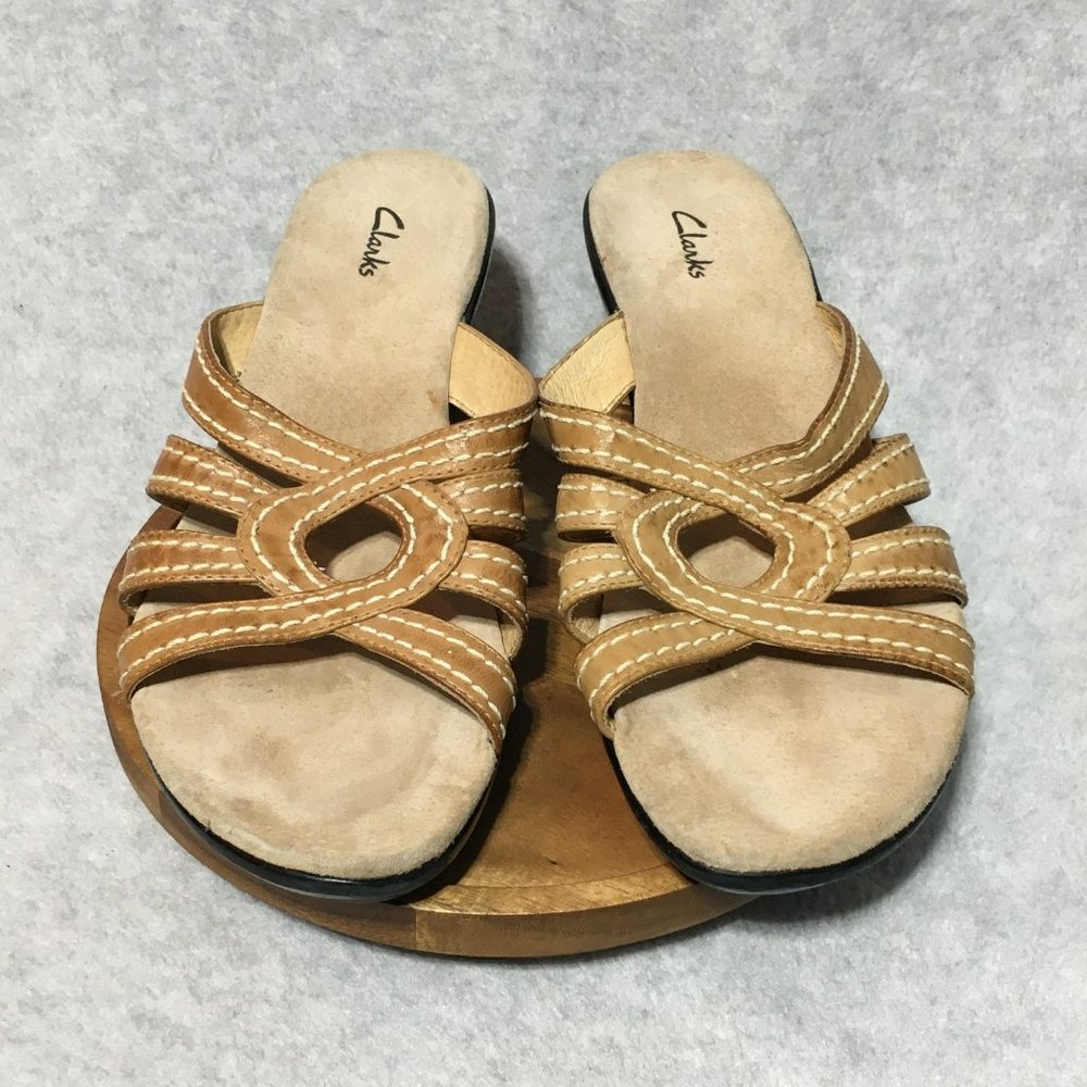 Clarks Sandals 9 Brown Tan Leather Slide Shoes 72421 Strappy